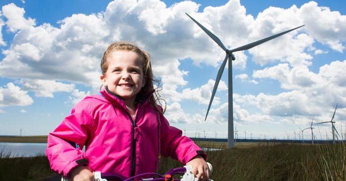Photo of a girl standing in front of a wind turbine